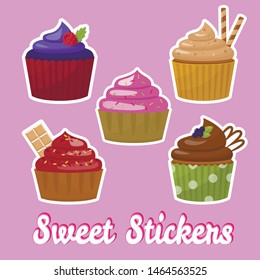 Sweet Stickers with Different Taste Cupcakes Set. Flat Cartoon Design. Isolated Icons. Vector Desserts Illustration. Trendy Badges with Bakery Delicious Products. Label Logo Signs. Chic Patches