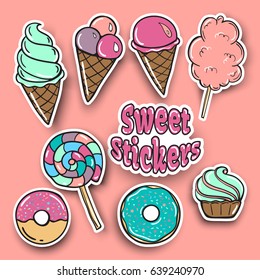 Sweet stickers Food Badges Set, Stickers, donuts, Candies, Cakes, Ice Cream in Pop Art Comic Style. Vector illustration