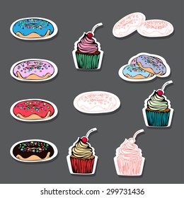 Sweet Stickers with Hand Drawn Donuts and Cupcake. Vector Doodle Illustration.