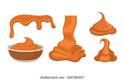 Sweet Sticky Caramel Flowing Down in Layers and Poured in Glass Bowl Vector Set
