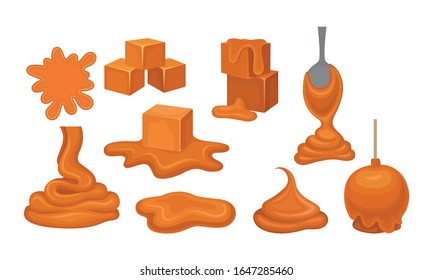 Sweet Sticky Caramel Flowing Down from Spoon in Layers and Formed in Cube Shapes Vector Set