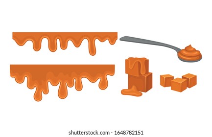 Sweet Sticky Caramel Layered on Spoon and Formed in Cube Shapes Vector Set