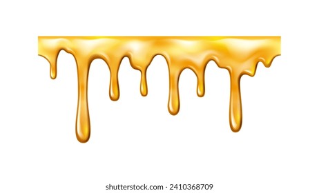 Sweet sticky honey dripping and melting, isolated amber essence or fluid drops. Vector maple syrup or caramel topping flowing with droplets, oily substance