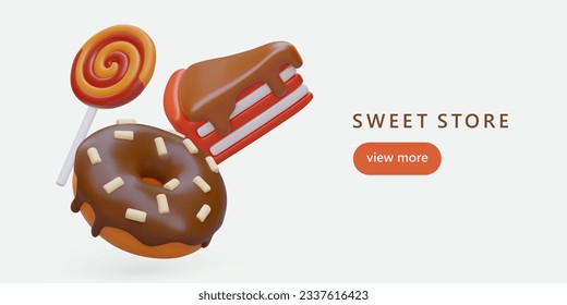 Sweet store. Advertising banner with 3D illustration. Donut in chocolate glaze, piece of cake with topping, spiral lollipop. Sweet pastries and candies. Template with link button and text