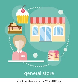 Sweet store concept in flat design with seller near chocolate muffins donuts cakes and candies