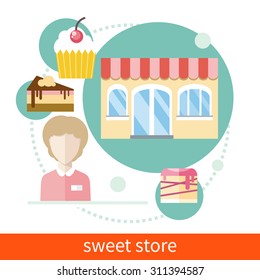 Sweet store concept in flat design with seller near chocolate muffins donuts cakes and candies. Icons on white background