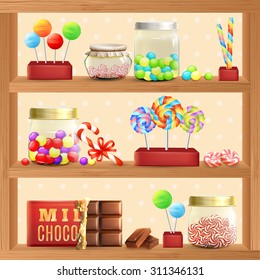 Sweet store shelf with bonbons chocolate and lollipops vector illustration