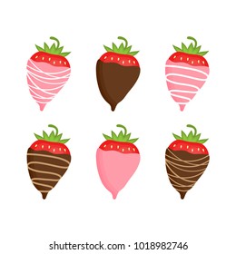 Sweet strawberries covered in chocolate, vector graphic illustration. Valentine's Day chocolate fondue snack. Strawberries in pink colored white, milk and dark chocolate.