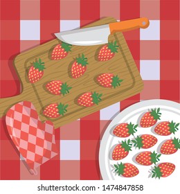 sweet strawberries preparation juice delicious vector illustration