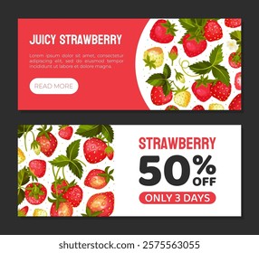 Sweet Strawberry Banner Design with Ripe Bright Berry Vector Template