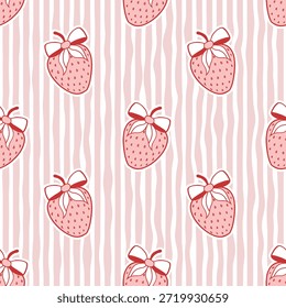 Fresa dulce con arcos de patrón sin fisuras sobre fondo de rayas. Fondo del Día de San Valentín.