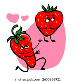 Sweet strawberry characters in a minimalist love-themed vector illustration. Perfect for Valentine's Day, romantic cards, wedding invitations, and cute couple designs.