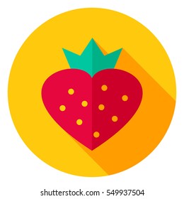 Sweet Strawberry Circle Icon. Flat Design Vector Illustration with Long Shadow. Happy Valentine Day Symbol.