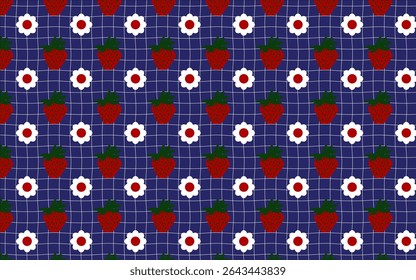 Sweet strawberry and daisy seamless pattern on a blue grid. Perfect for fabric, digital paper, stationery, and delightful product packaging