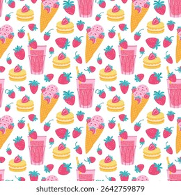 Sobremesas de morango doce e frutos de baga padrão sem costura. Sobremesas de verão: milkshake de baga, sorvete e macaroons. Ilustração de vetor de estilo plano