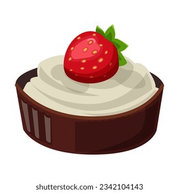 Sweet with strawberry flavor vector illustration. Cartoon drawing of cartoon candy with cream and berry topping isolated on white background. Desserts concept