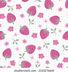 Sweet Strawberry Fruit and Flowers Vector Seamless Pattern
