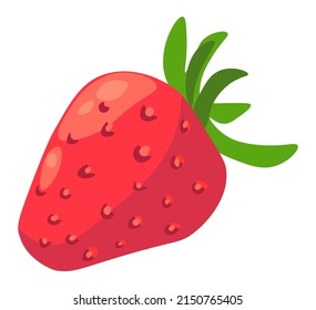 Sweet strawberry fruit with green leaf, isolated tasty product. Farm grown berry decoration for dessert. Organic and natural food, dieting and nourishment for vegan and vegetarians. Vector in flat