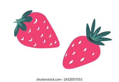 Sweet strawberry fruits with green leaves, isolated tasty product. Farm grown berry decoration for dessert. Organic and natural food, dieting and nourishment for vegetarians. Vector in flat style