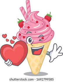 A sweet strawberry ice cream cartoon character style with a heart