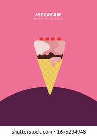Sweet Strawberry Ice cream cone Vector Illustration