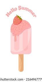 Sweet Strawberry Ice Cream. Summer Vector Banner Hello Summer. Perfect for Social Media, Banners, Printed Materials etc.
