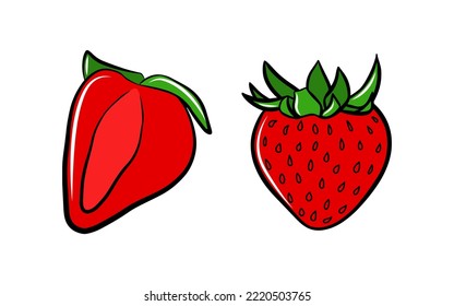 Sweet strawberry icon set isolated on white background. Vector outline silhouette, red fruit, colorful food, sketch drawing, doodle graphic package design, flat dessert.