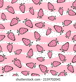 Sweet strawberry on stripes background with black seed. 