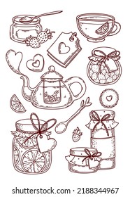 Sweet strawberry and orange jam with tea and cookie, hand drawn set of vector elements in sketch style
