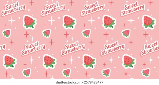 "Sweet strawberry" pattern with cute berries, stars and pink background. Seamless Print for girl	