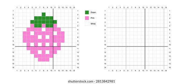 Sweet strawberry pixel art coloring page on a 16×16 grid. Suitable for printable educational activities, cross stitch, knitting, diamond painting, mosaic crafts and pixel art projects. Encourages crea