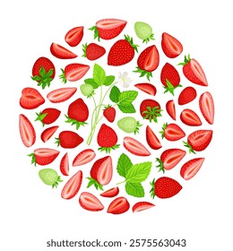 Sweet Strawberry Round Composition Design with Ripe Bright Berry Vector Template