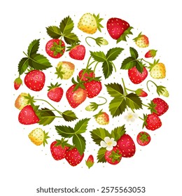 Sweet Strawberry Round Composition Design with Ripe Bright Berry Vector Template