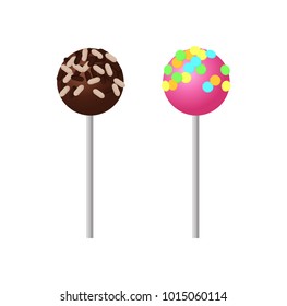Sweet strawberry round lollipop with colorful sprinkles and chocolate on top. Delicious confectionery product on stick isolated cartoon flat vector illustration.