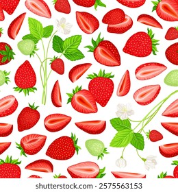 Sweet Strawberry Seamless Pattern Design with Ripe Bright Berry Vector Template