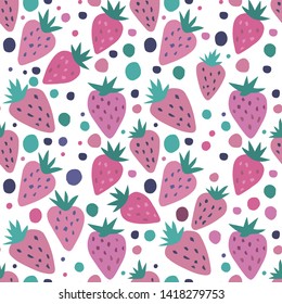 Sweet strawberry seamless pattern on a white background. Summer fruit hand drawn strawberries wallpaper. Template for kitchen design, package, home textile. Vector illustration