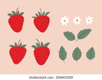 Sweet strawberry set. Ripe strawberries, leaves and flowers. Cartoon flat vector illustration.