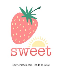 Sweet strawberry sunshine summer design pastel retro poster style vector illustration isolated on white background