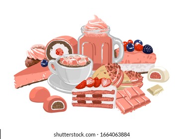 Sweet strawberry taste drinks surrounded by different pastries. Vector isolated food in pink colors