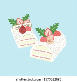 Sweet Strawberry yule log cake with Christmas leaf for any celebration on soft blue background