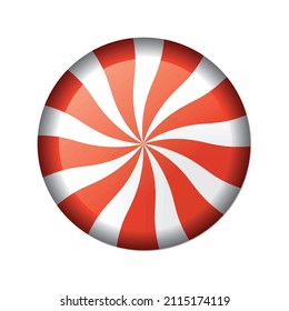 Sweet striped Red round peppermint candy caramel without wrapper. Vector illustration isolated on white background. Design element for patisserie, dessert, web, app, Christmas, New year, holiday.
