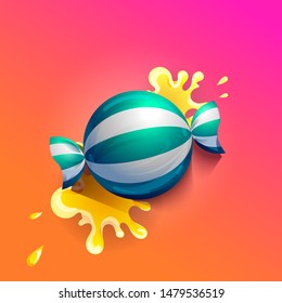 Sweet striped single blue and white candy bonbon on colorful violet and orange background. Cartoon vector Eps10 illustration.