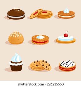 Sweet sugar chocolate biscuit cookies decorative icons set with cream and cherry decoration isolated vector illustration