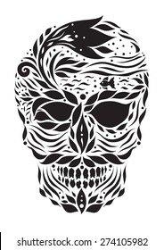 sweet sugar skull flower floral design, vector illustration black and white