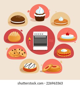 Sweet sugar tasty food cookies bakery decorative icons set with oven in the middle isolated vector illustration