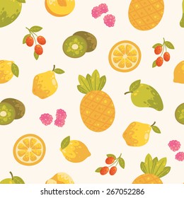 Sweet summer background in vector. Seamless pattern with fruits and berries. Seamless pattern can be used for wallpapers, pattern fills, web backgrounds, surface textures. 