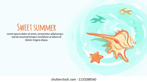 Sweet summer banner with cream colored sea shell and starfish surrounded by marine creatures isolated vector illustration with place for text