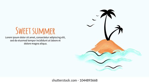Sweet summer banner with small tropical island lost in blue sea with palm trees and birds flying above isolated vector illustration in cartoon style