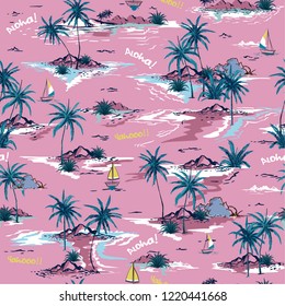 Sweet summer bright  Beautiful seamless island pattern on white background. Landscape with palm trees,beach and ocean vector hand drawn style on vintage pink background.