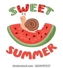 Sweet summer cartoon card with cute snail and watermelon slice. Juicy fruit partially eaten by an animal character. Red, green and brown colors on white background. Vector summertime illustration.